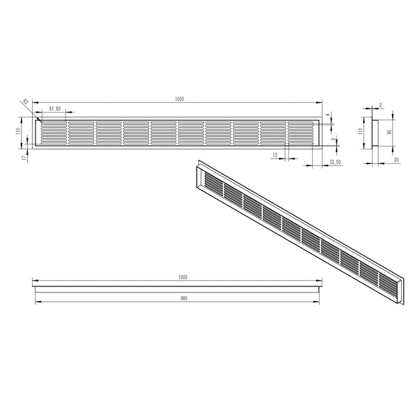 Ventilasjonsrist – Sort – 100×11 cm