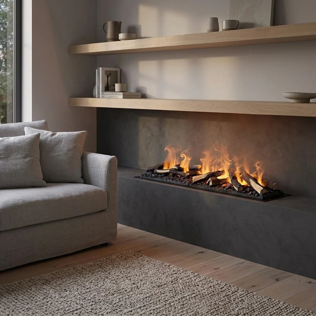 Dimplex Cassette 1000 water vapour fireplace with decorative logs built into a low charcoal plaster niche under oak shelves in a Scandinavian living room