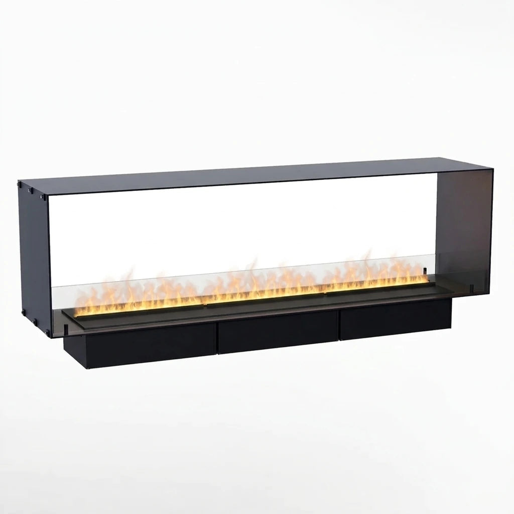 Foco Myst Two 1800 see-through water vapour fireplace in black with realistic water vapour flames