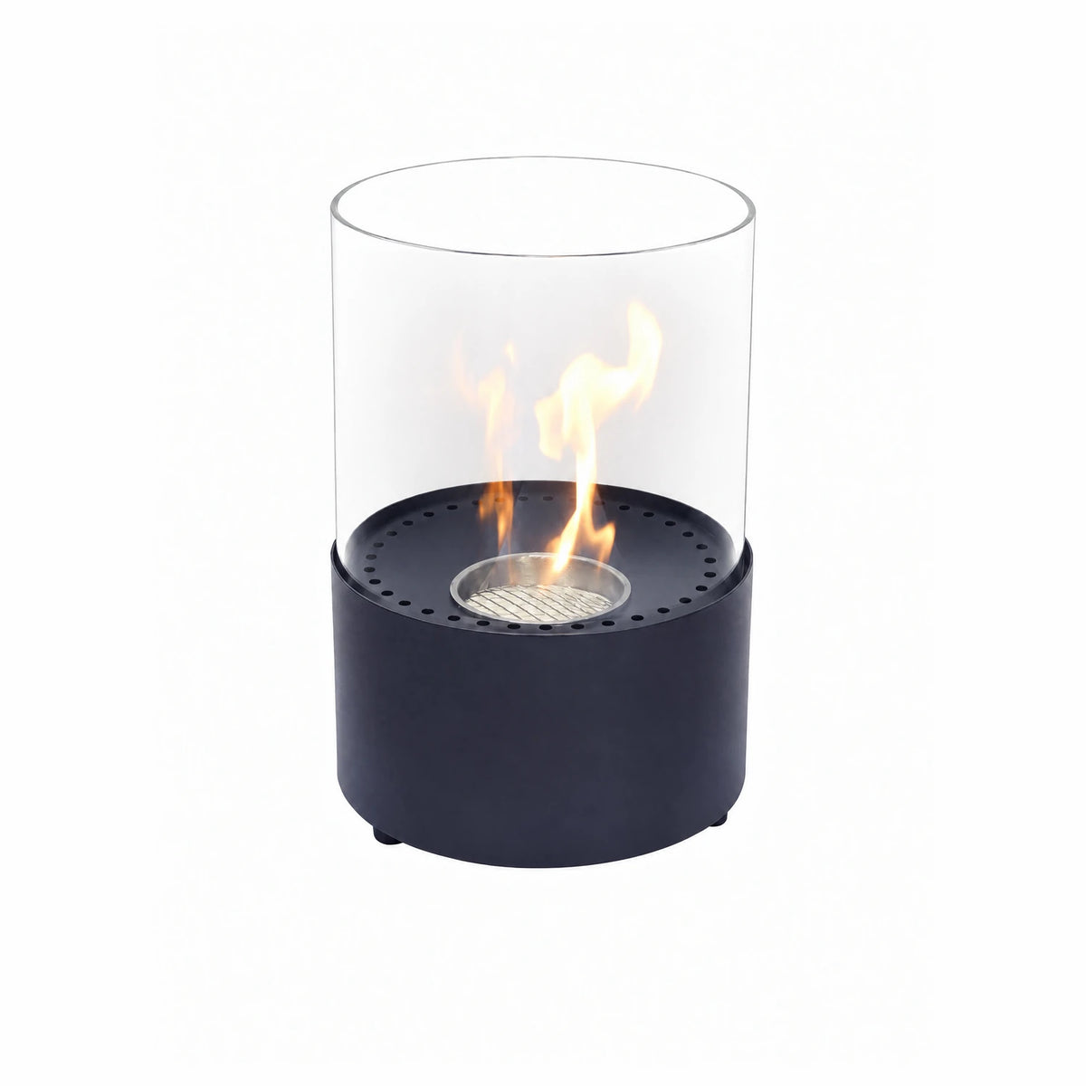 Kennington round tabletop bioethanol fireplace in black with lit flame, white studio background