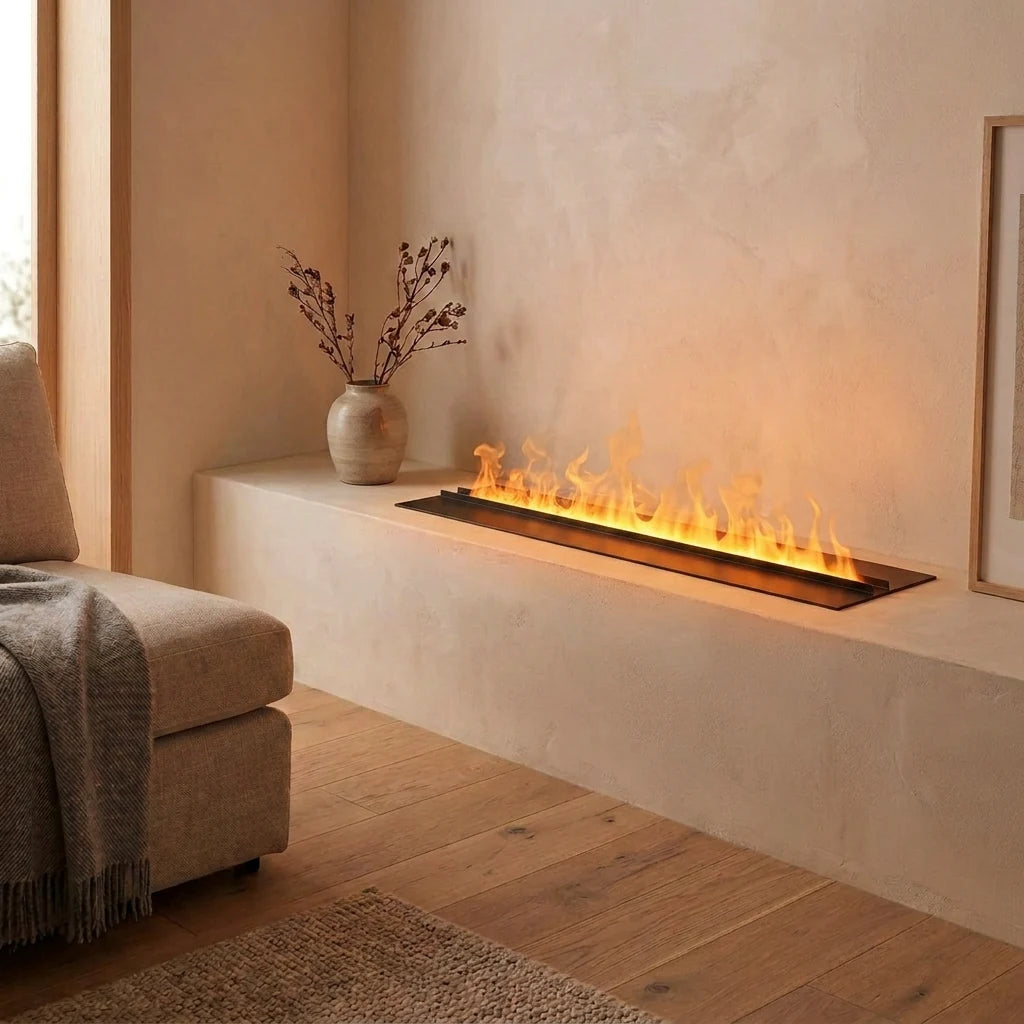 Dimplex Opti-myst Cassette 1000 Retail built into a plastered bench in a bright Scandinavian living room with warm orange water vapour flames