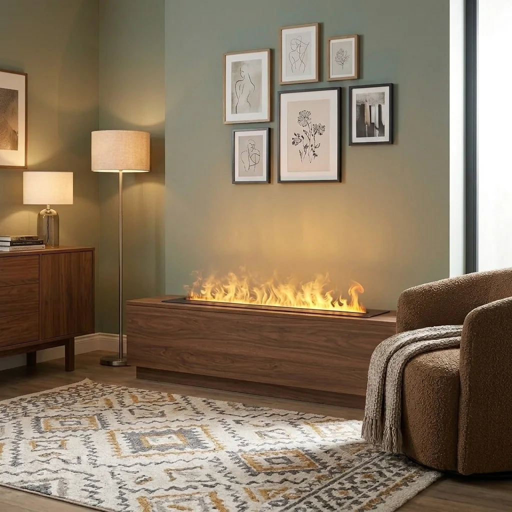 Dimplex Cassette 1000 water vapour fireplace with fine realistic flames built into a walnut bench in a sage-green living room with framed art, a floor lamp and a bouclé armchair