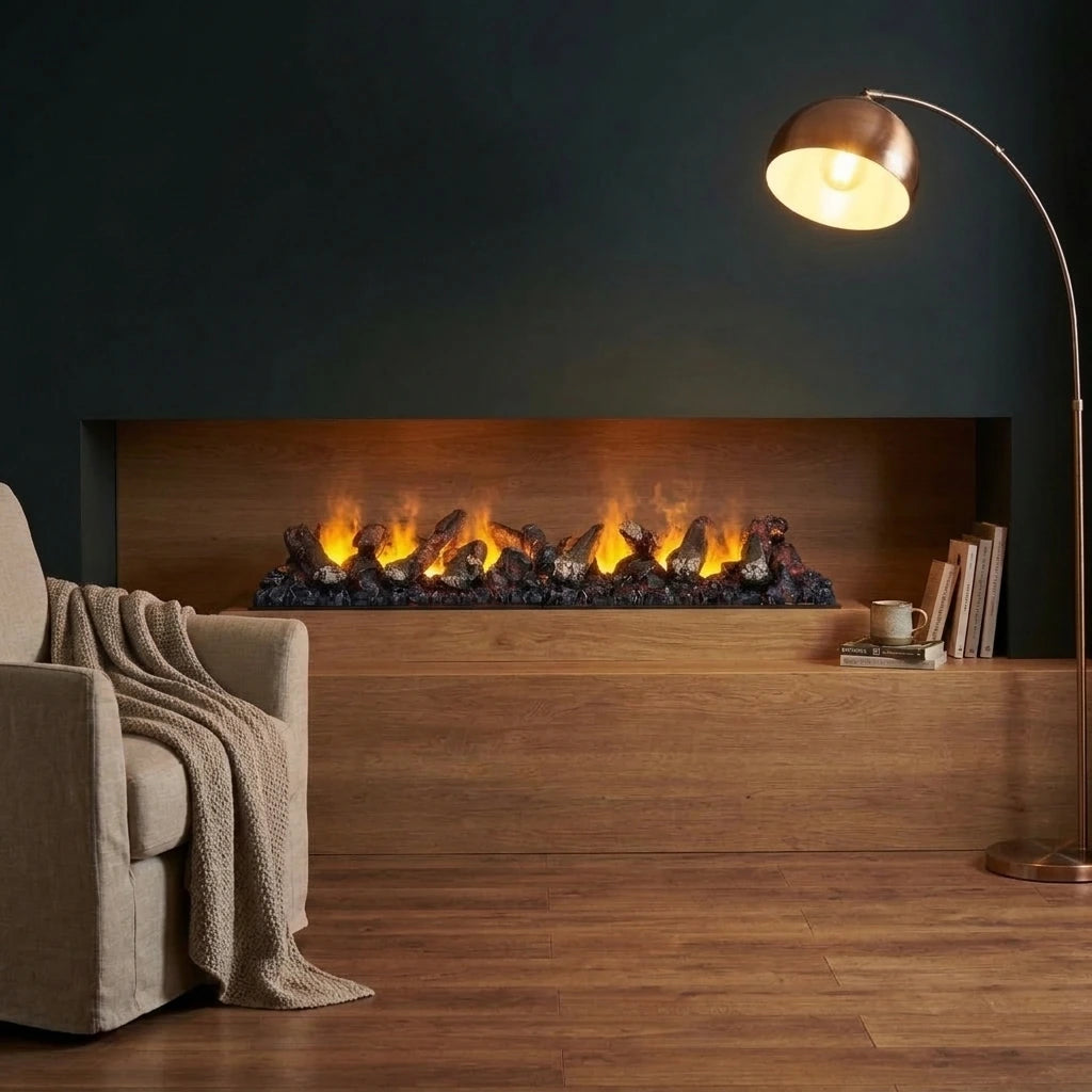 Dimplex Opti-myst Cassette 1000 water vapour fireplace with decorative logs built into a wooden bench in a dark bedroom with an armchair and a copper floor lamp