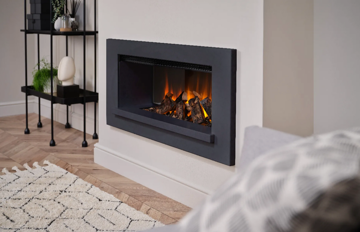 Holbury 1600 Grey Marble – Wide Front-Open Built-In Electric Fireplace