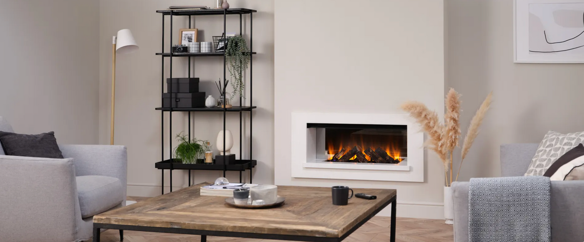 Holbury 1600 White Marble – Wide Front-Open Built-In Electric Fireplace