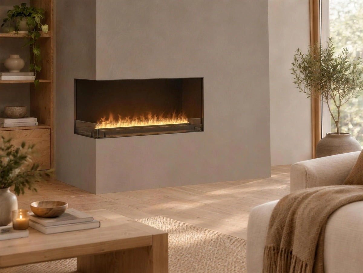 Foco Myst Corner Left 1200 water vapour fireplace built into a corner wall in a Scandinavian living room