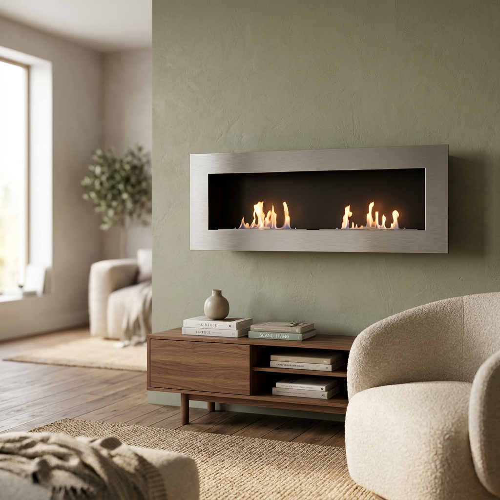 Murus 1600 brushed steel bio fireplace mounted on a sage-green wall above a walnut media console, lit flame