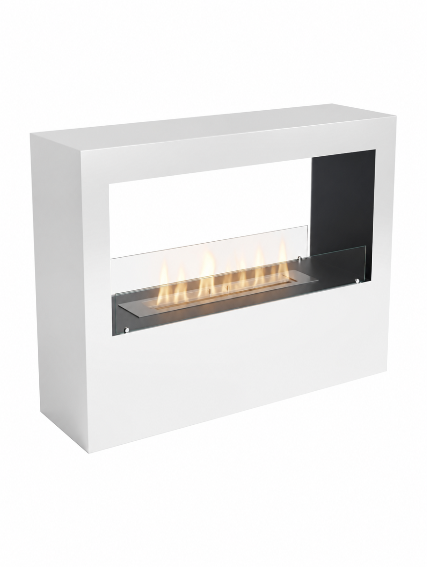 Lansing L White two-sided freestanding bio fireplace, angled studio shot on white background with a realistic lit flame