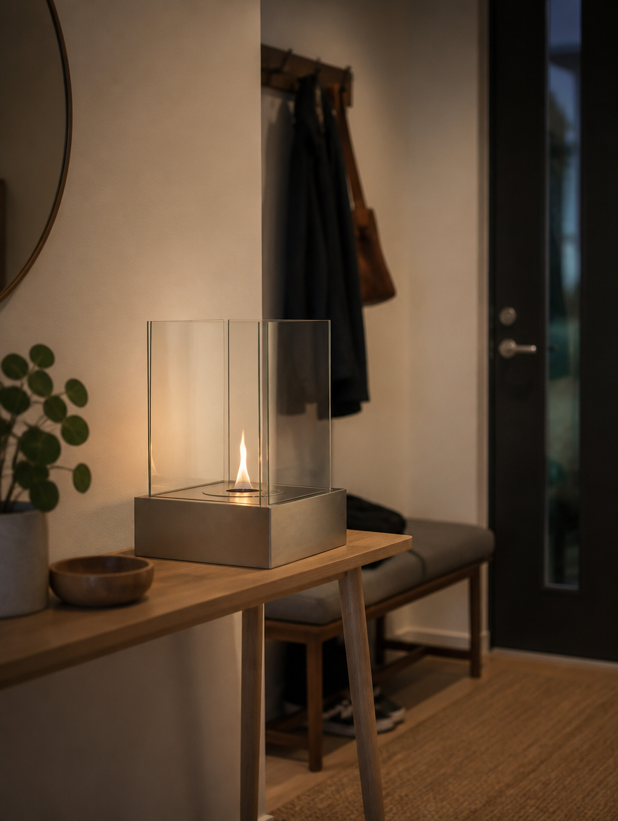 ScandiFlames Hydro bioethanol fireplace on a wooden entryway console table beside a bench, lit with a small natural flame