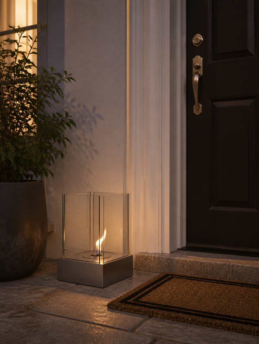 ScandiFlames Hydro bioethanol fireplace lit on an outdoor doorstep beside the front door in the evening
