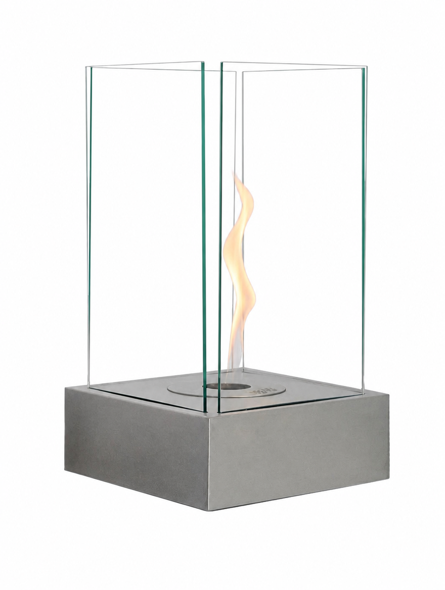 Hydro steel bioethanol fireplace with a tall lit spiral flame, white studio background