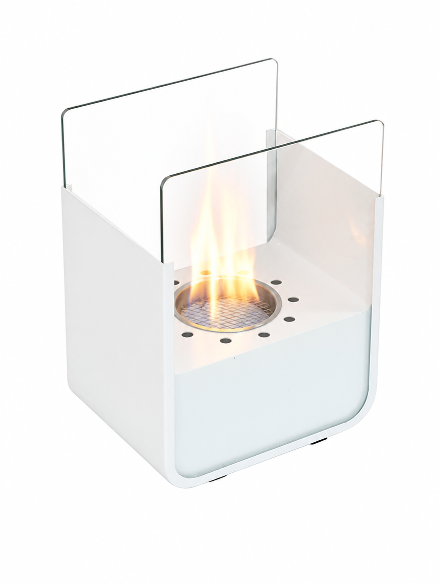 ScandiFlames small white tabletop bioethanol fireplace with round burner, lit with a realistic flame, white studio shot