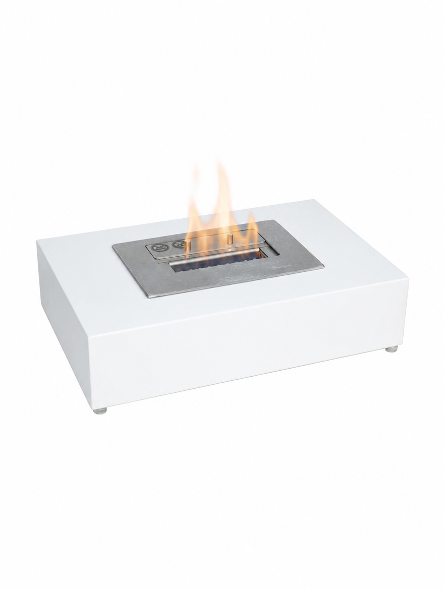 London tabletop bioethanol fireplace in white, lit with a realistic flame, studio hero view