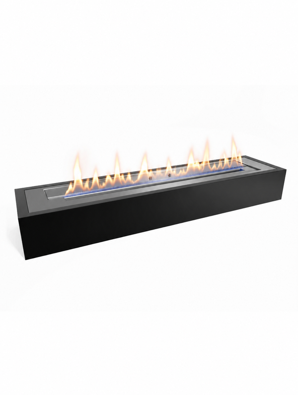 Bioethanol burner insert, 85 cm, lit with a realistic flame, studio hero view