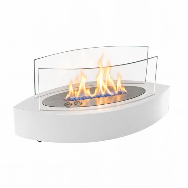 Oval Table Bio Fireplace in White with realistic lit flame