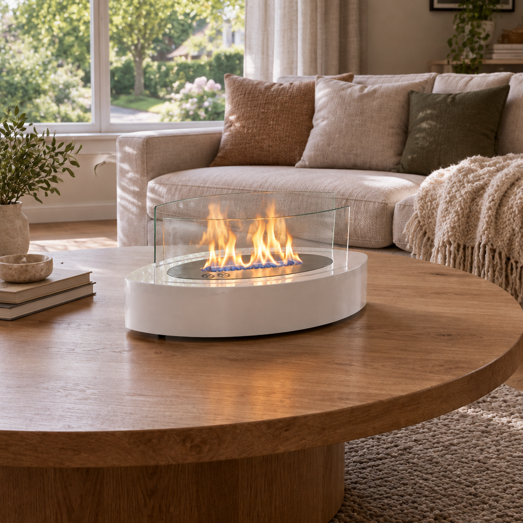Oval white tabletop bioethanol fireplace with a lit flame on a large round wooden coffee table in a bright living room