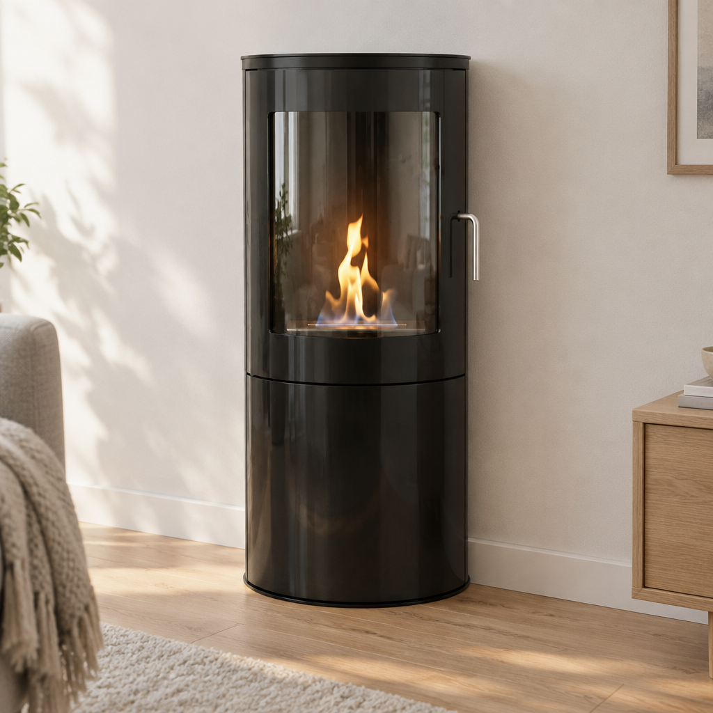 Richmond bioethanol fire stove with flat back, standing against a living room wall, lit flame
