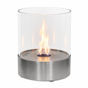 Southwark round tabletop bioethanol fireplace in steel, lit realistic flame, studio view