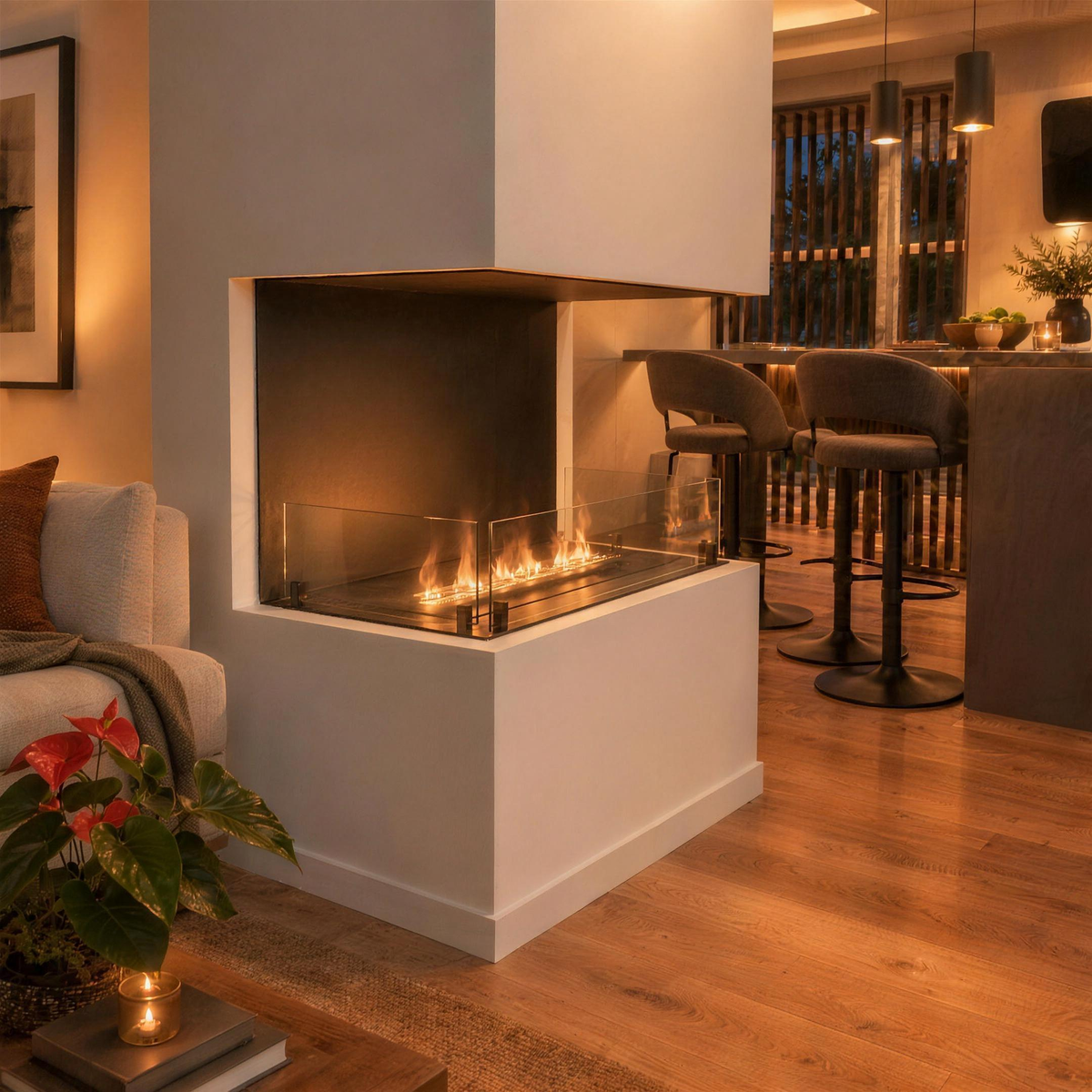 Foco Myst Three 800 water vapour fireplace built into a corner wall between a living area and kitchen bar, lit flame, evening lighting
