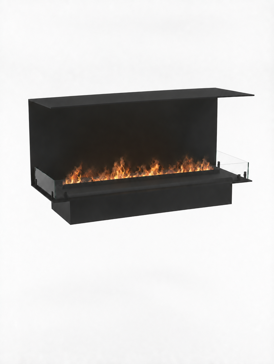 Foco Myst Three 1200 three-sided water vapour fireplace, studio shot with realistic Opti-myst flame effect