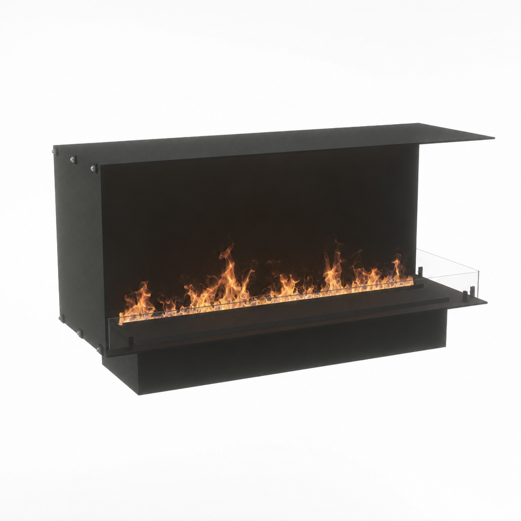 Foco Myst Corner Right 1200 water vapour fireplace, studio shot with realistic Opti-myst flame effect