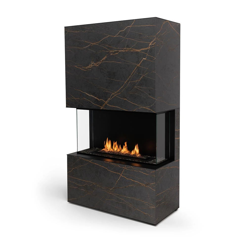 Planika Stone Laurent bioethanol fireplace with a Dekton frame in black marble look