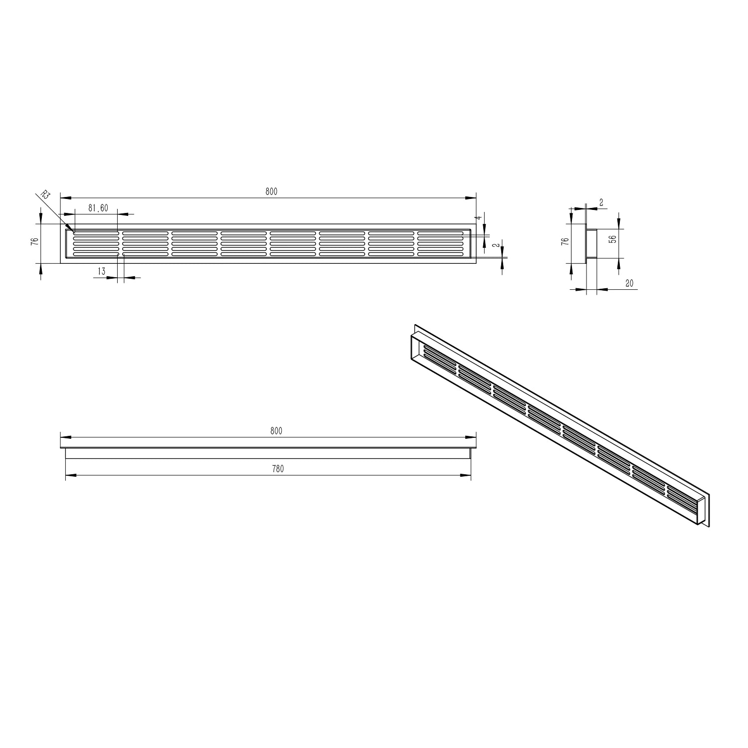 Ventilasjonsrist – Sort – 80×7,6 cm