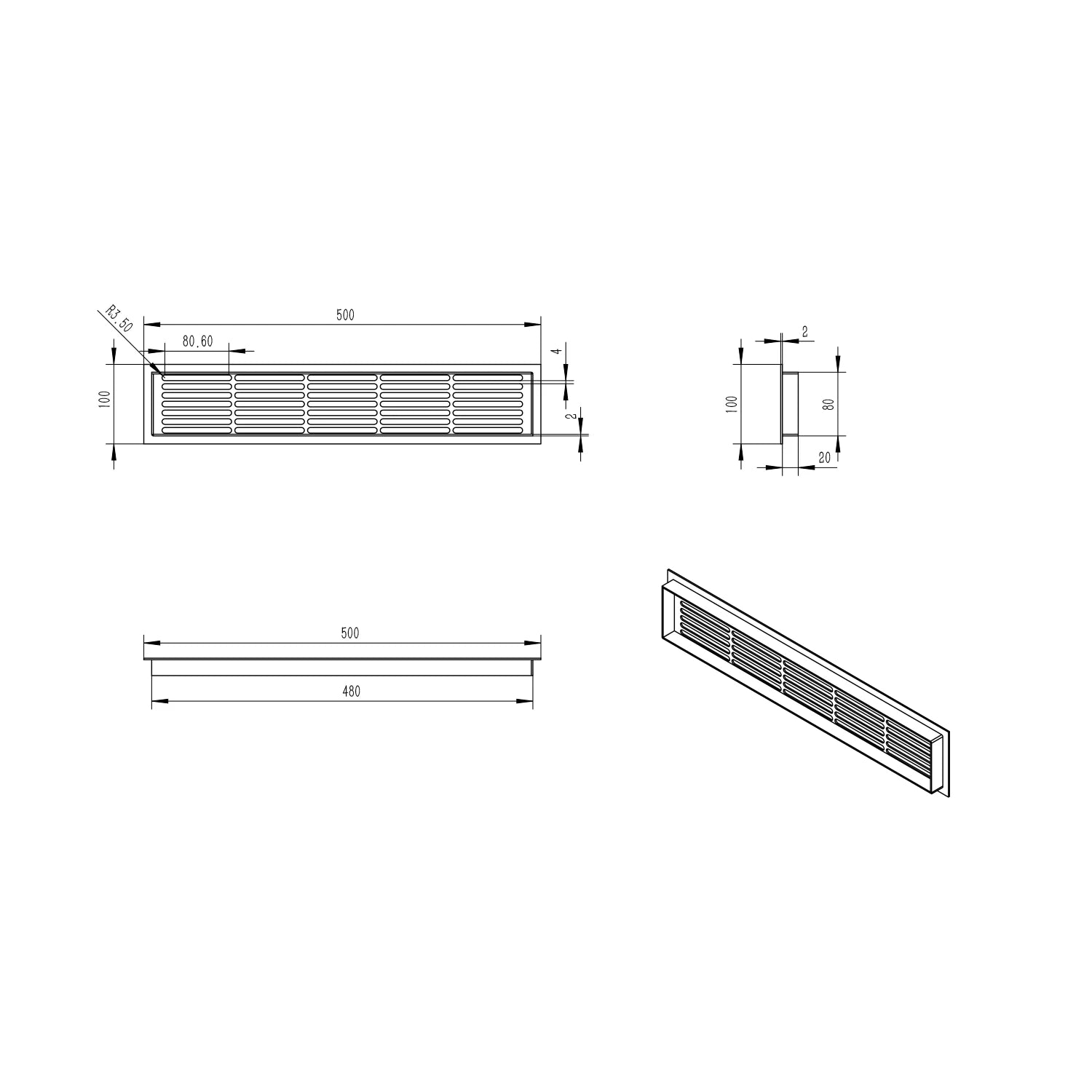 Ventilasjonsrist – Hvit – 50×10 cm